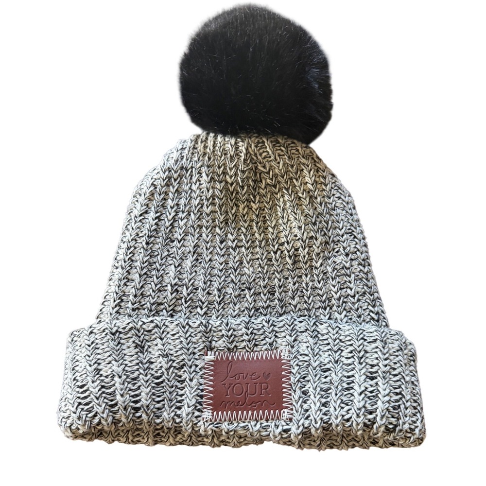 Love Your Melon Black White Marled Knit Beanie Hat with Black Faux Fur Pom USA